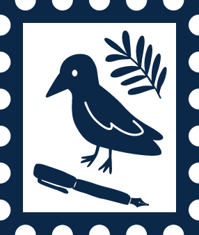 Corvid Creatives Logo An illustration containing a raven, a sprig of rosemary, and a fountain pen inside of a postage stamp frame.